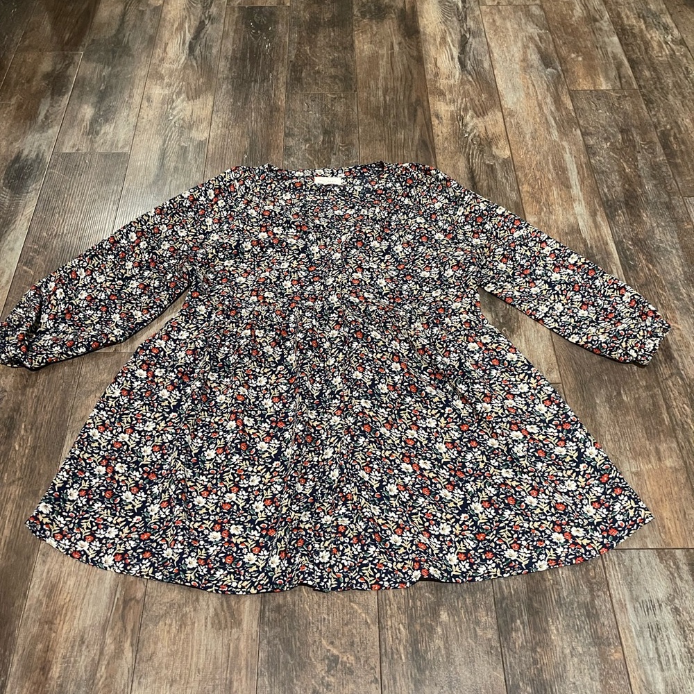 MELLODAY Long Sleeve Floral Dress - Navy and White